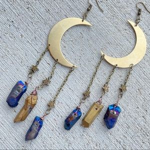 Brushed Gold Tone Crescent Moon Stars chromatic crystal dangle earrings
